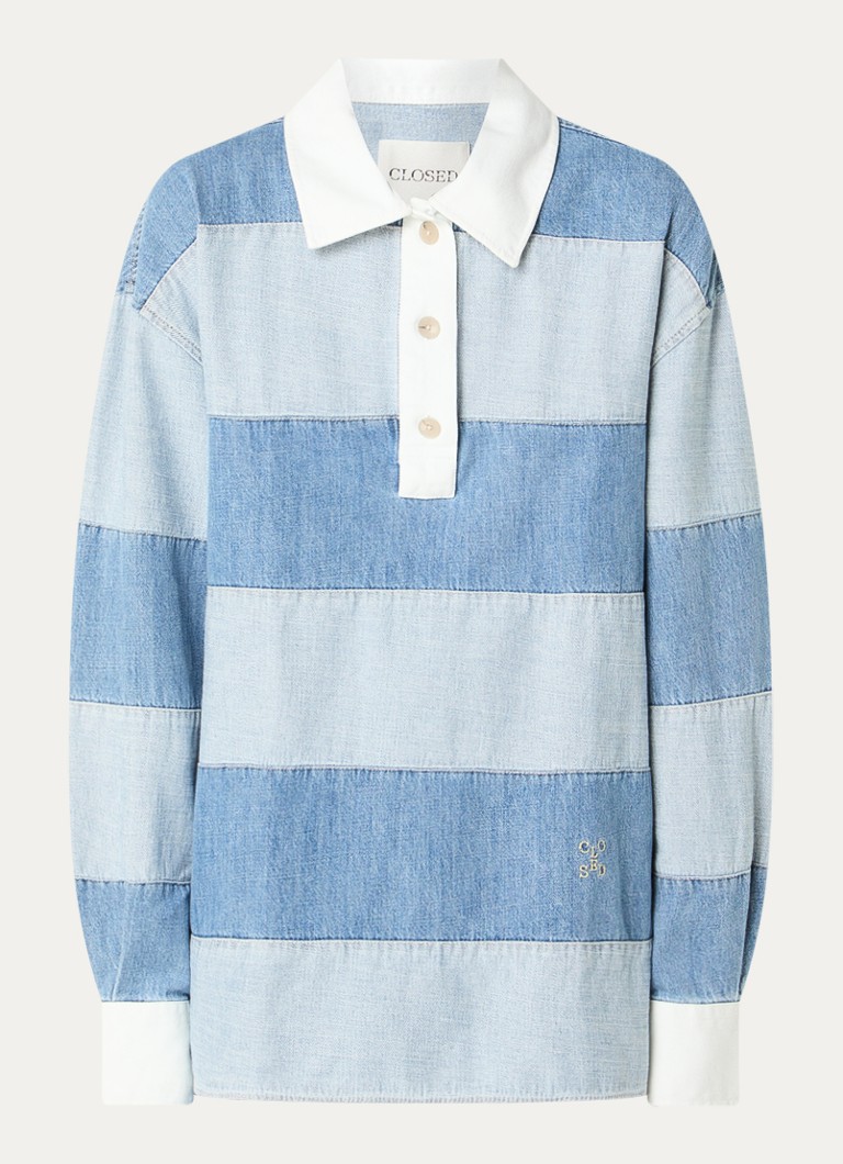 CLOSED Dames Top van denim met polokraag en streepprint in de kleur Lichtblauw