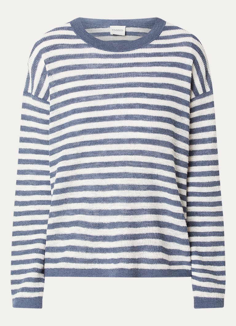 CLOSED Dames Fijngebreide trui in linnenblend met streepprint in de kleur Blauw