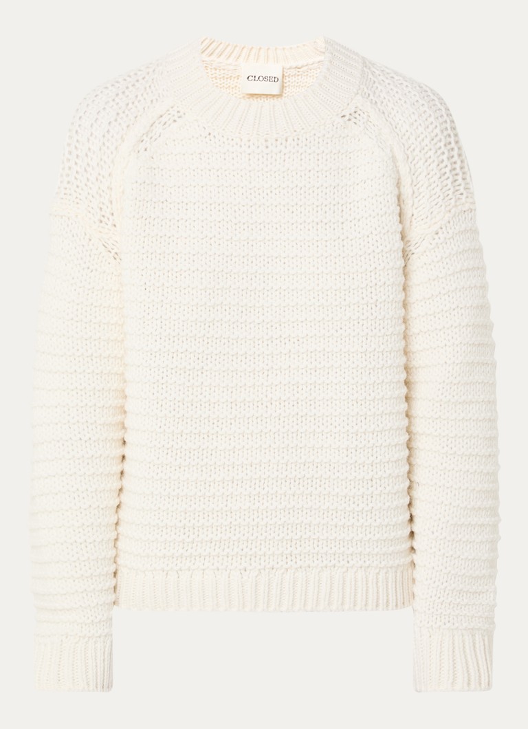 CLOSED Dames Fijngebreide trui van wol met ronde hals in de kleur Creme