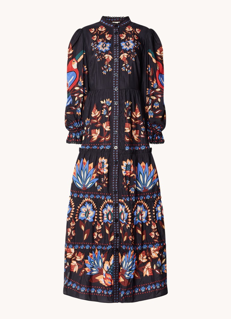 Farm Rio Dames Garden maxi blousejurk met pofmouw en bloemenprint in de kleur Zwart