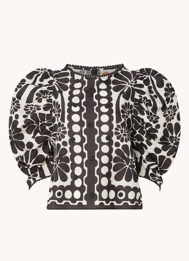 Farm Rio Dames Palermo crop top met bloemenprint en pofmouw in de kleur Zwart