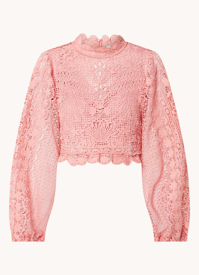 Farm Rio Dames Guipure crop top van broderie met ballonmouw in de kleur Zalmroze
