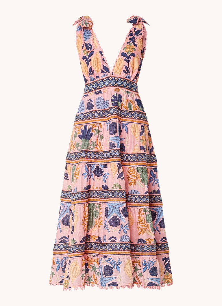 Farm Rio Dames Midi jurk met print en rugdecolleté in de kleur Roze