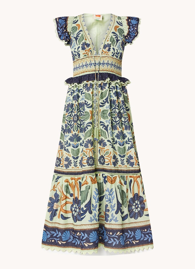 Farm Rio Dames Ocean midi jurk met bloemenprint en smockwerk in de kleur Lindegroen