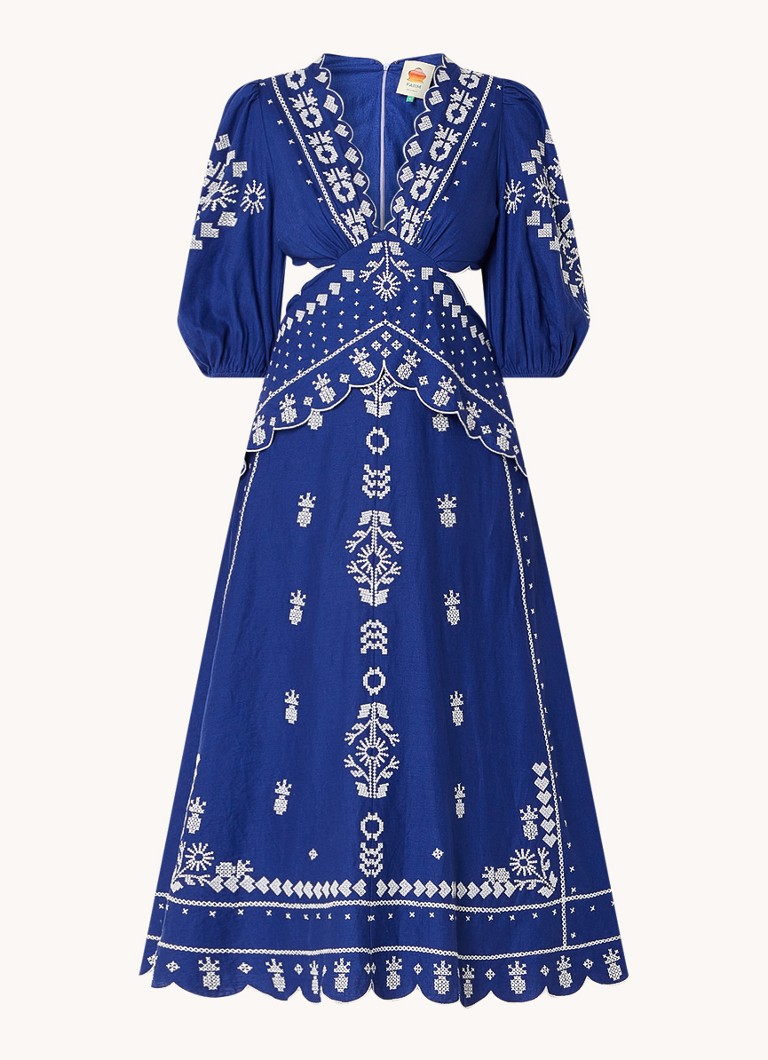Farm Rio Dames Midi jurk met cut-out detail en bloemborduring in de kleur Royalblauw
