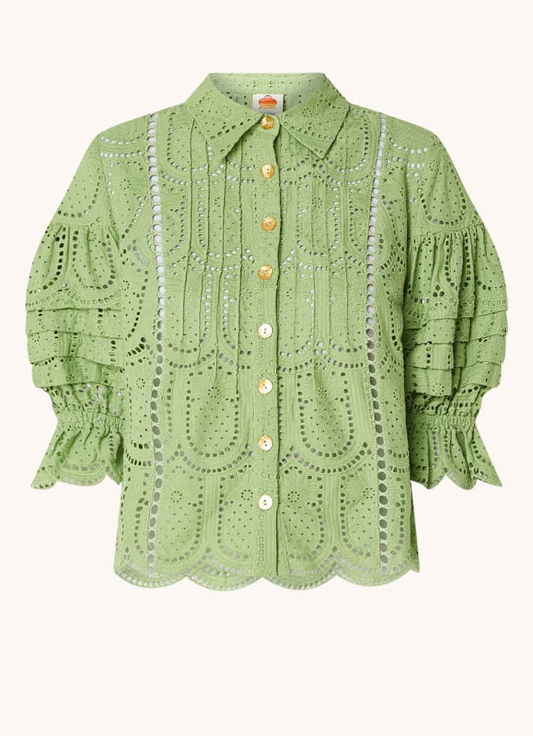 Farm Rio Dames Richillieu blouse van broderie met ballonmouw in de kleur Lichtgroen