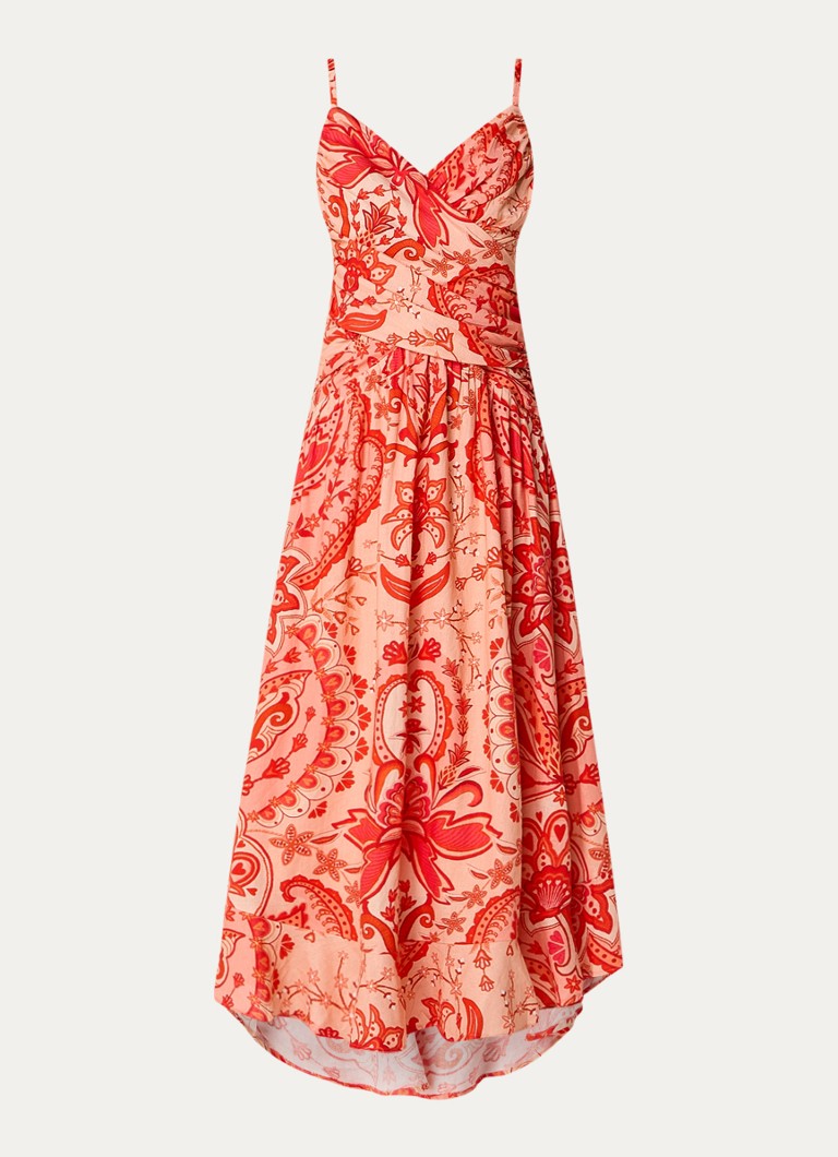 Farm Rio Dames Jaipur midi jurk in linnenblend met bloemenprint in de kleur Koraalrood