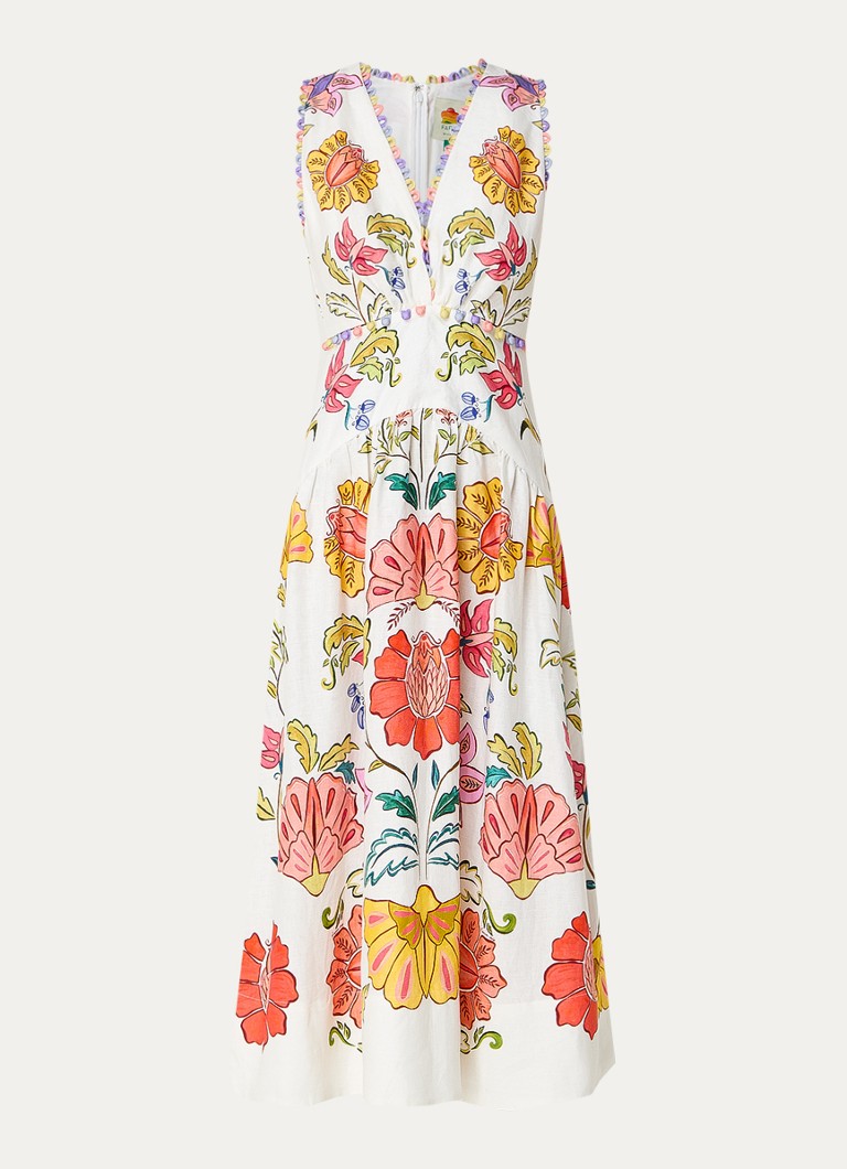 Farm Rio Dames Floral Insects midi jurk van linnen met bloemenprint in de kleur Gebroken wit