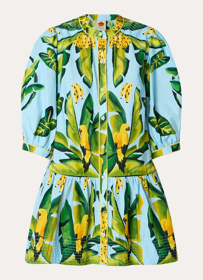 Farm Rio Dames Summer Foliage mini blousejurk met bloemenprint in de kleur Lichtblauw