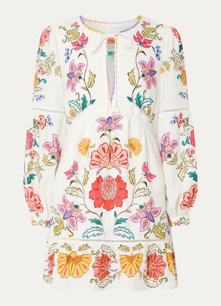 Farm Rio Dames Mini tuniekjurk in linnenblend met bloemenprint en ballonmouw in de kleur Creme