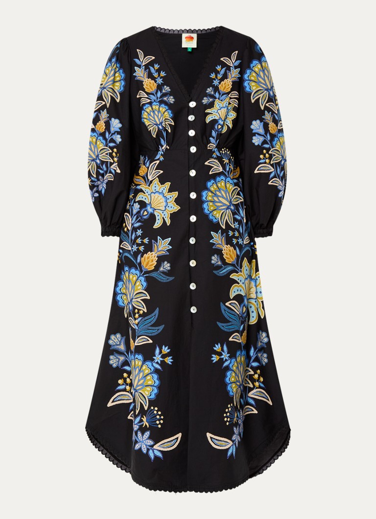 Farm Rio Dames Midi blousejurk van katoen met bloemenprint in de kleur Zwart