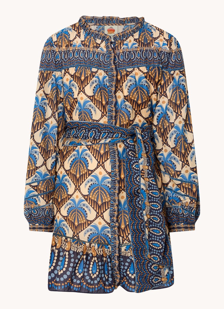 Farm Rio Dames Mini blousejurk met print en strikceintuur in de kleur Beige