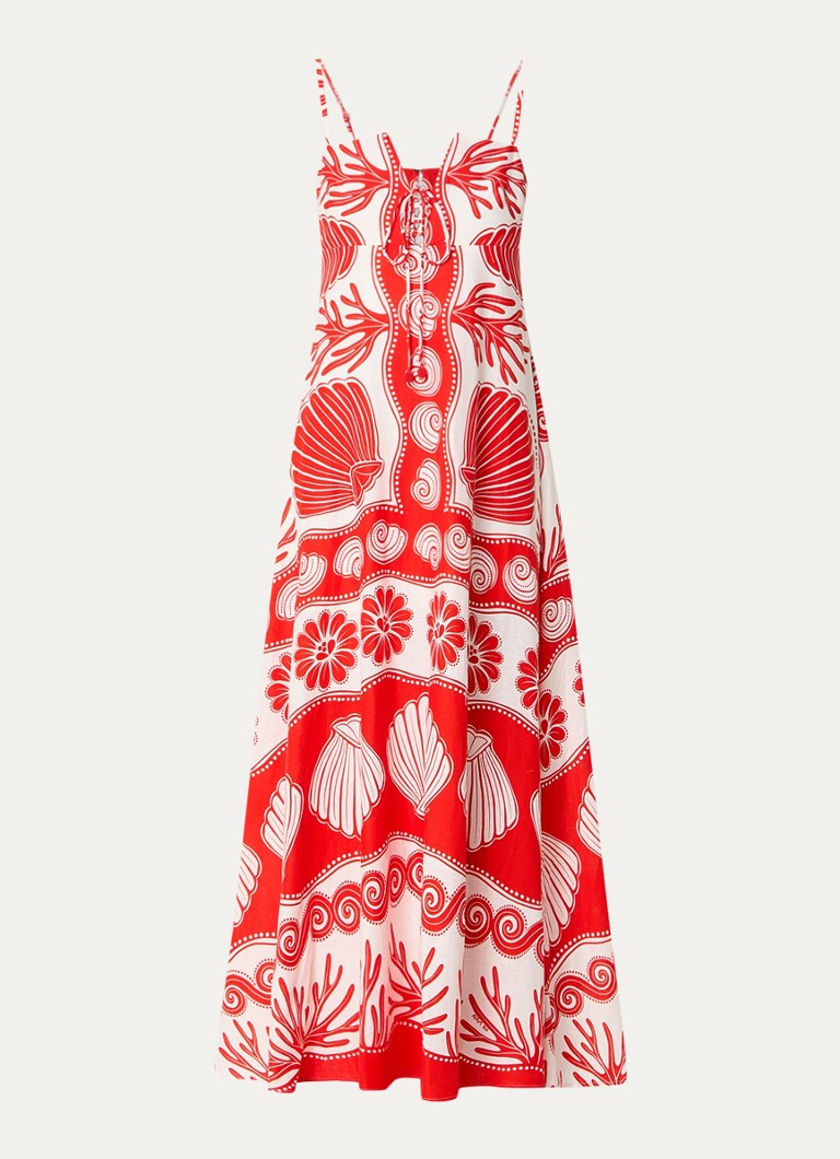 Farm Rio Dames Ainika maxi jurk in linnenblend met bladprint in de kleur Koraalrood