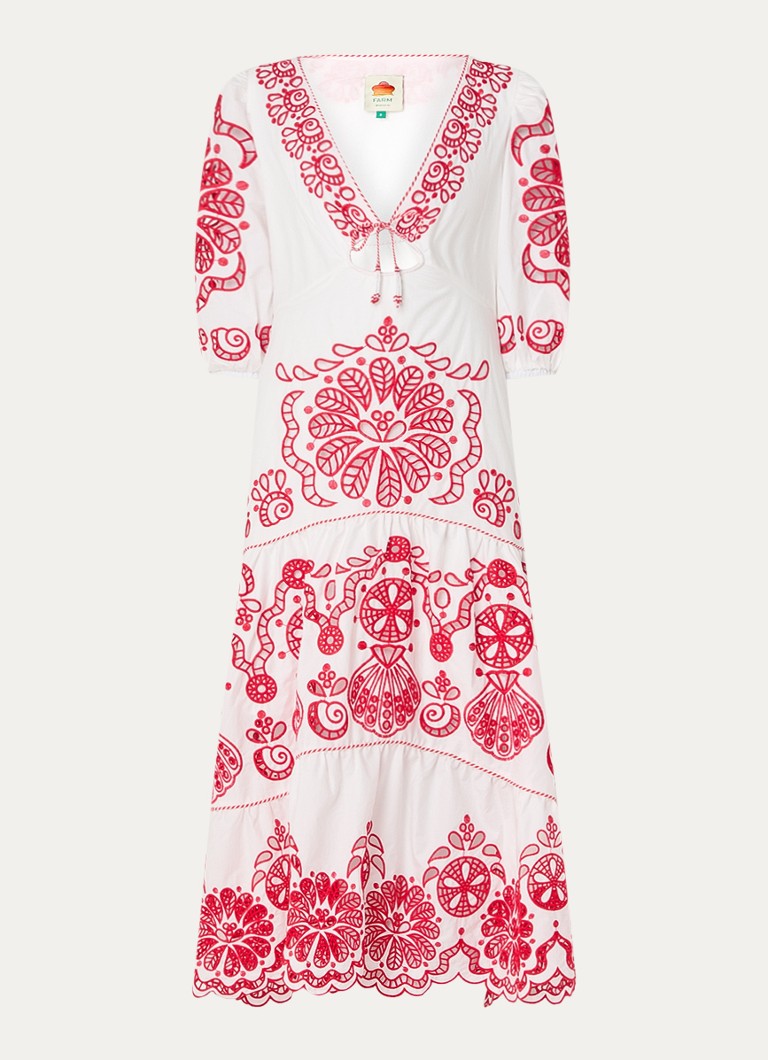 Farm Rio Dames Richelieu midi jurk met broderie en V-hals in de kleur Rood