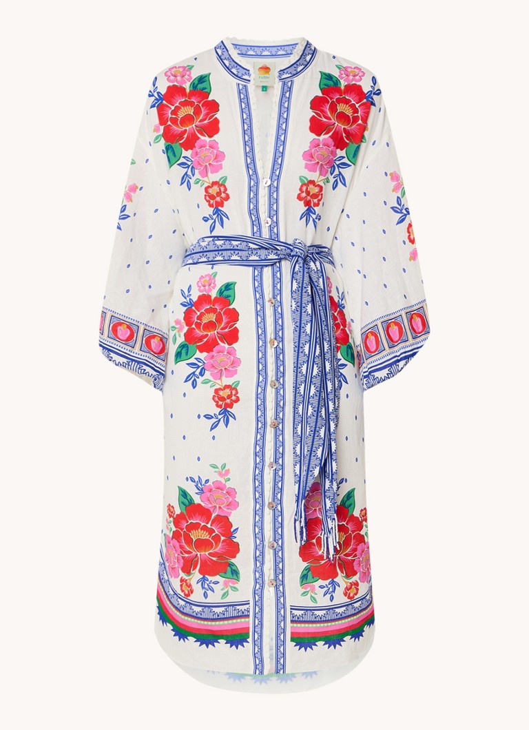 Farm Rio Dames Midi blousejurk in linnenblend met bloemenprint in de kleur Gebroken wit