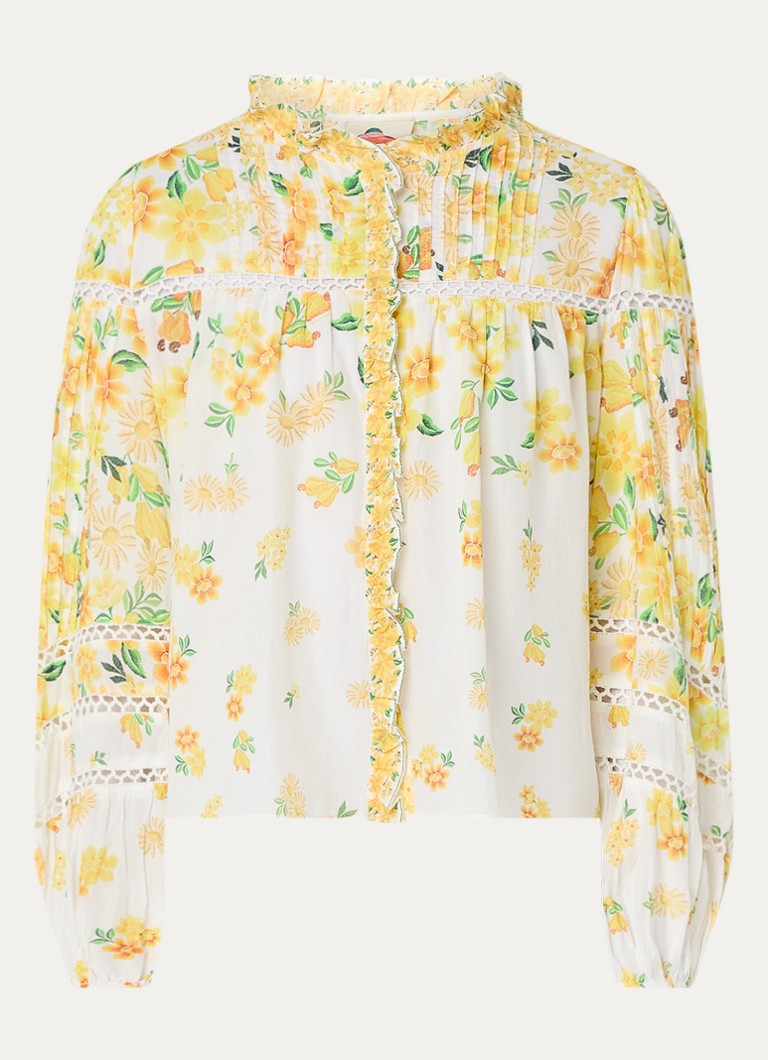 Farm Rio Dames Azaleia blouse met bloemenprint en opengewerkt detail in de kleur Geel