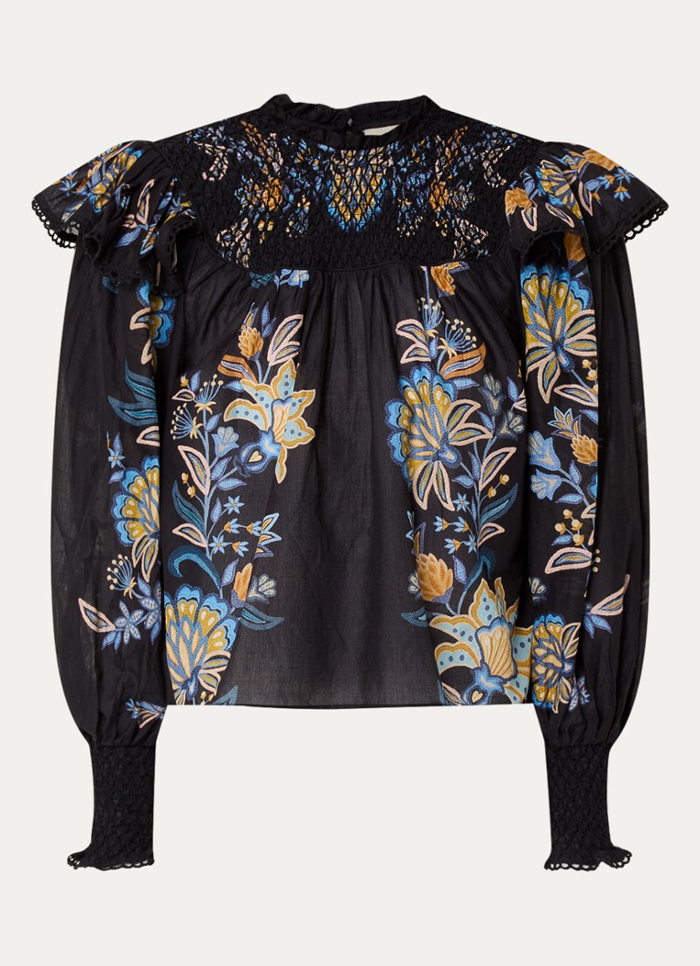 Farm Rio Dames Semi-transparante tuniek met bloemenprint en smockwerk in de kleur Zwart