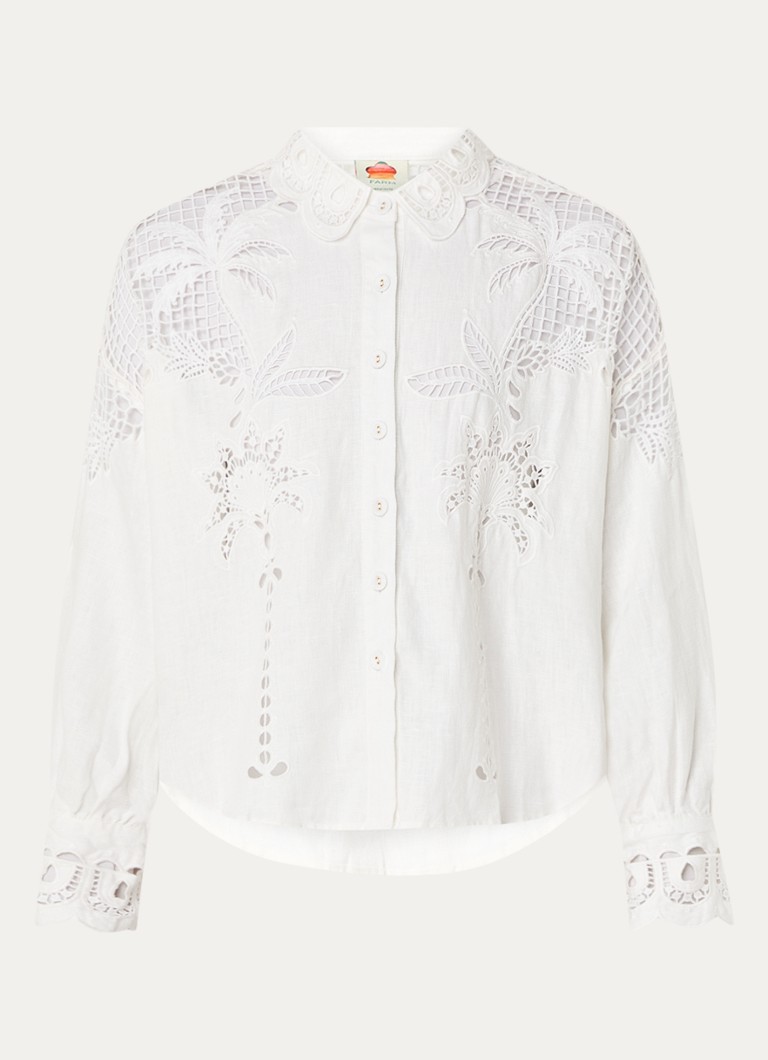 Farm Rio Dames Palms Richelieu blouse van linnen met borduring en opengewerkt detail in de kleur Gebroken wit