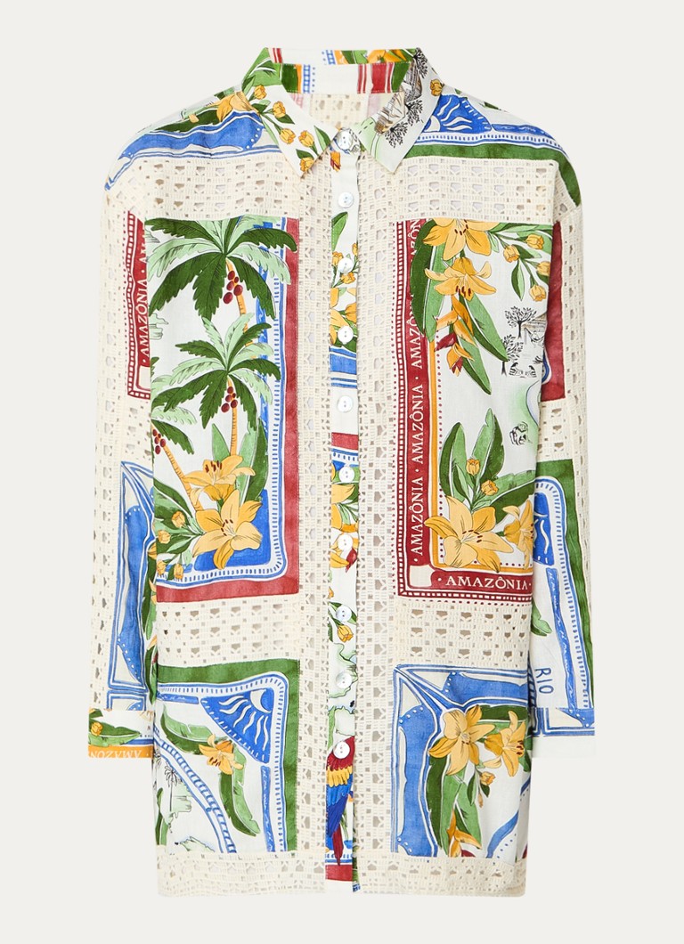 Farm Rio Dames Blouse in linnenblend met bloemenprint in de kleur Groen