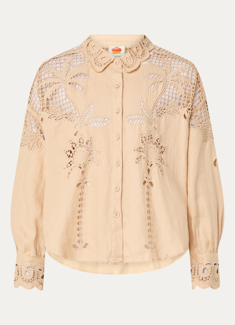 Farm Rio Dames Palms Richelieu blouse van linnen met borduring en opengewerkt detail in de kleur Zand