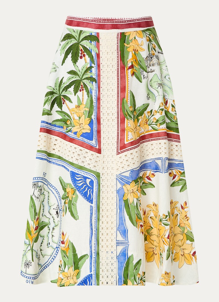 Farm Rio Dames Midi rok in linnenblend met print en opengewerkt detail in de kleur Groen