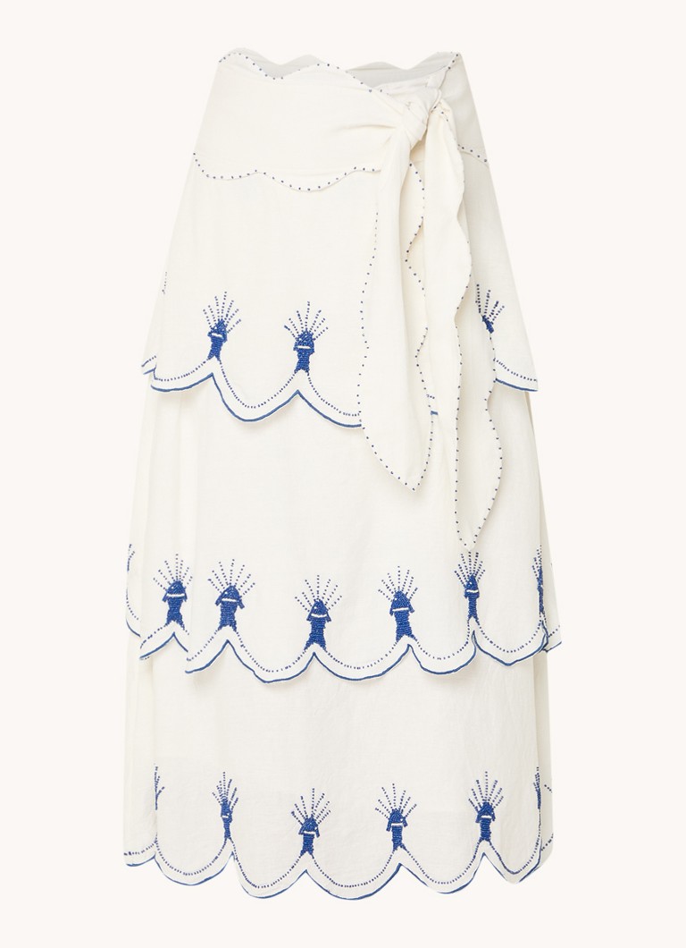 Farm Rio Dames Gelaagde midi rok in linnenblend met kralendecoratie in de kleur Gebroken wit