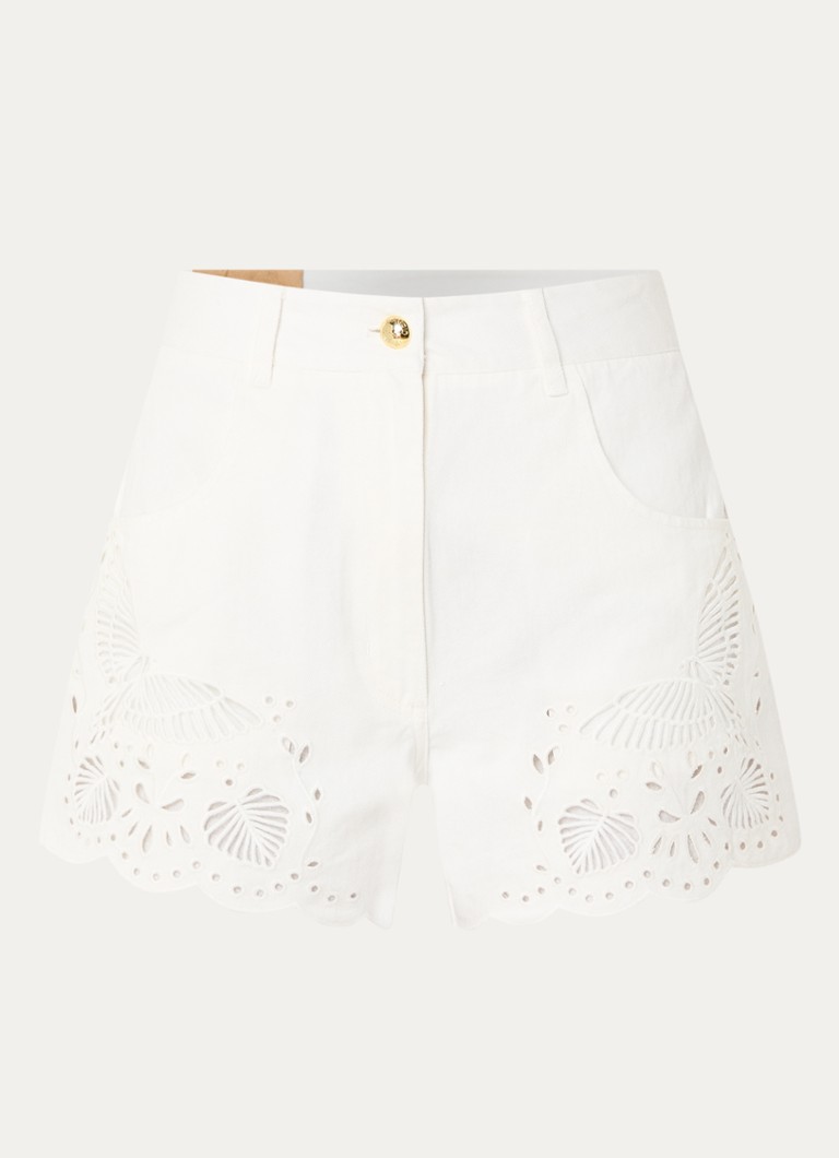 Farm Rio Dames High waist straight fit korte broek van denim met opengewerkt dessin in de kleur Gebroken wit