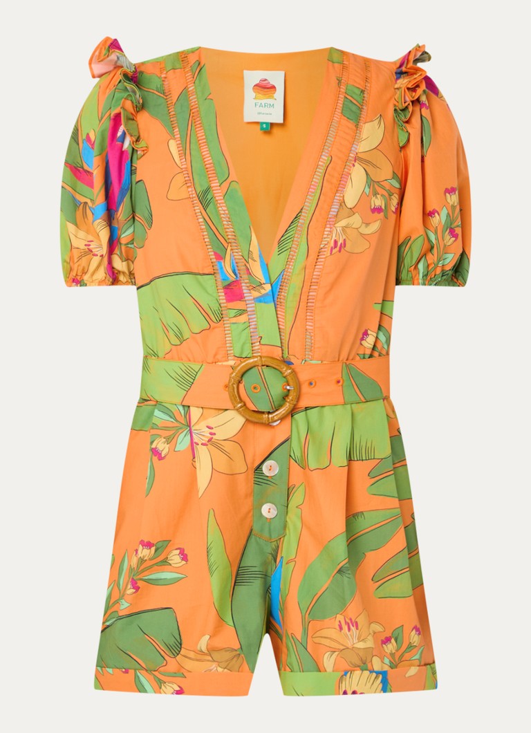 Farm Rio Dames Straight fit playsuit met strikceintuur en opengewerkt detail in de kleur Oranje