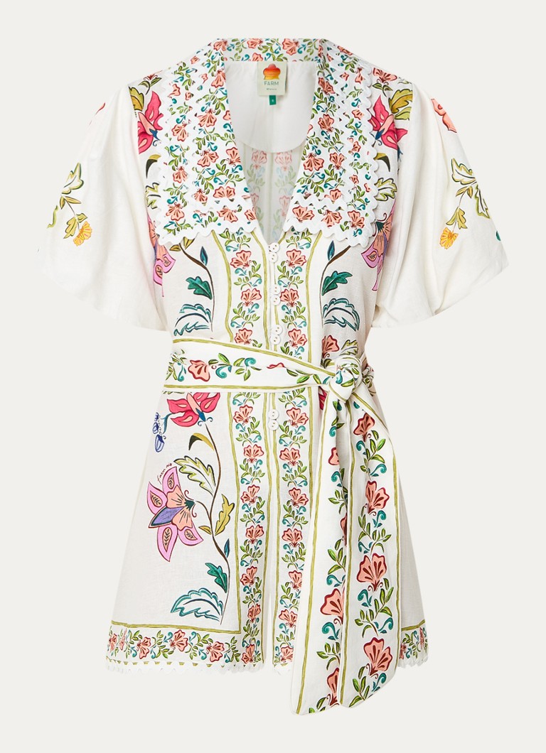 Farm Rio Dames Floral Insects loose fit playsuit in linnenblend met strikceintuur in de kleur Gebroken wit
