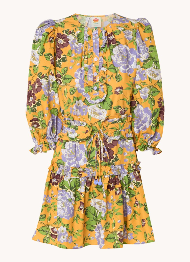 Farm Rio Dames Mini tuniekjurk met bloemenprint en strikceintuur in de kleur Okergeel