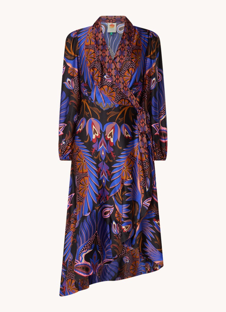Farm Rio Dames Heart midi wikkeljurk met print in de kleur Kobaltblauw