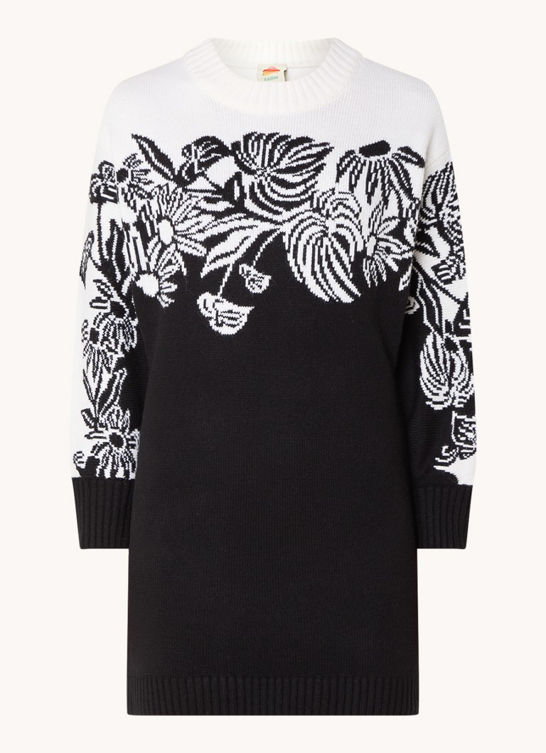 Farm Rio Dames Surreal fijngebreide mini trui-jurk met ingebreid patroon in de kleur Zwart