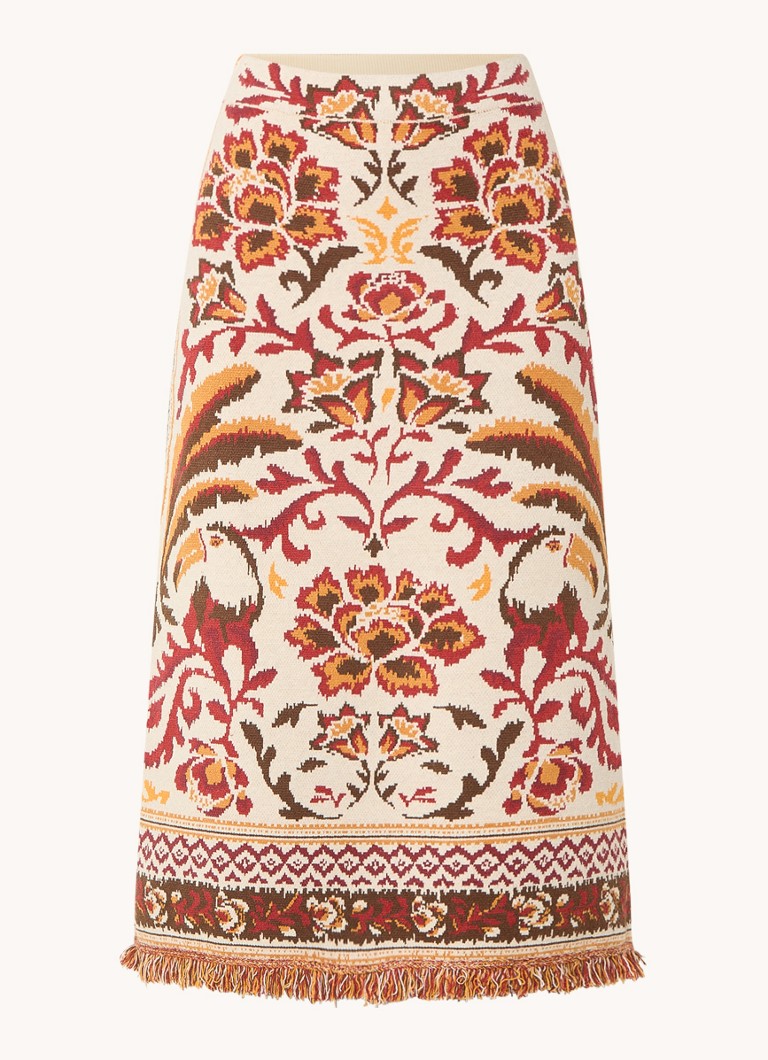 Farm Rio Dames Toucans fijngebreide midi rok met bloemenprint en franjes in de kleur Gebroken wit