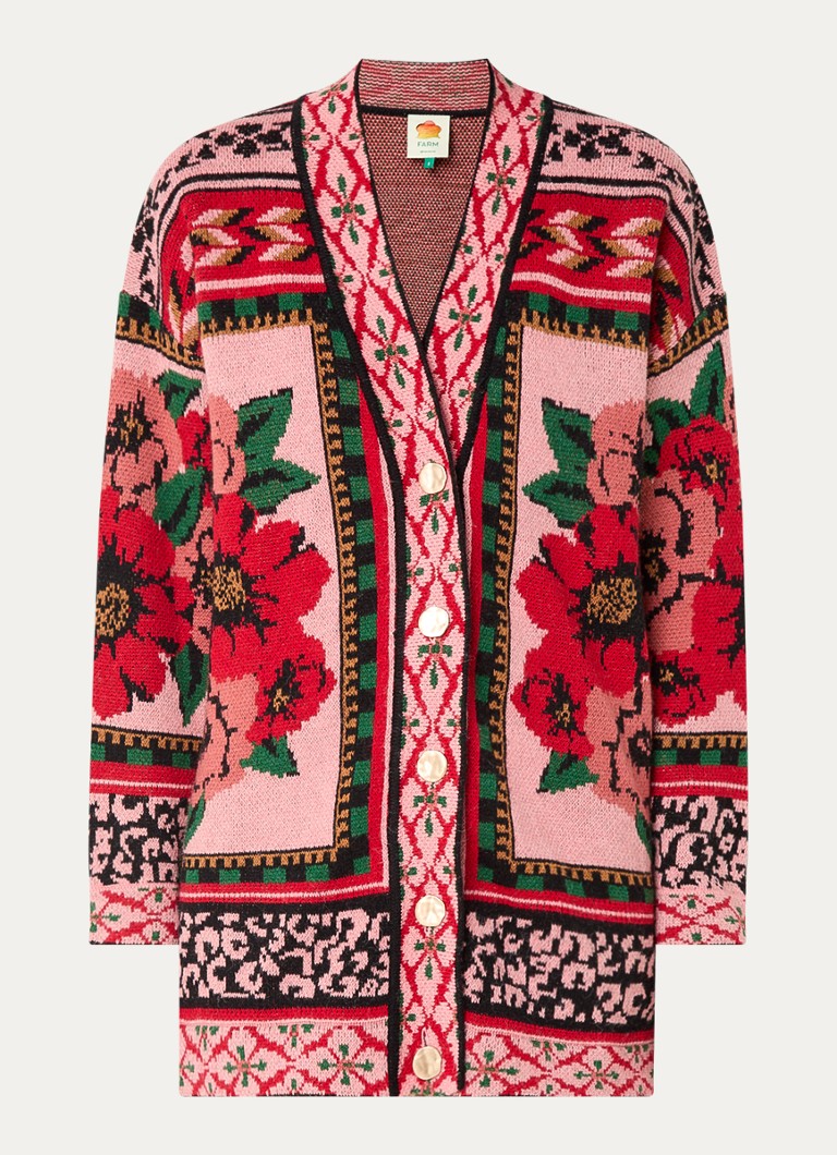 Farm Rio Dames Flower fijngebreid vest in wolblend met bloemenprint in de kleur Roze