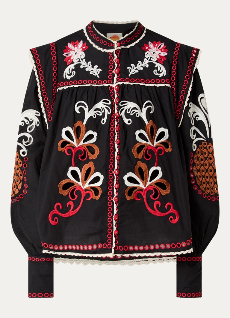 Farm Rio Dames Richilieu semi-transparante blouse met broderie in de kleur Zwart