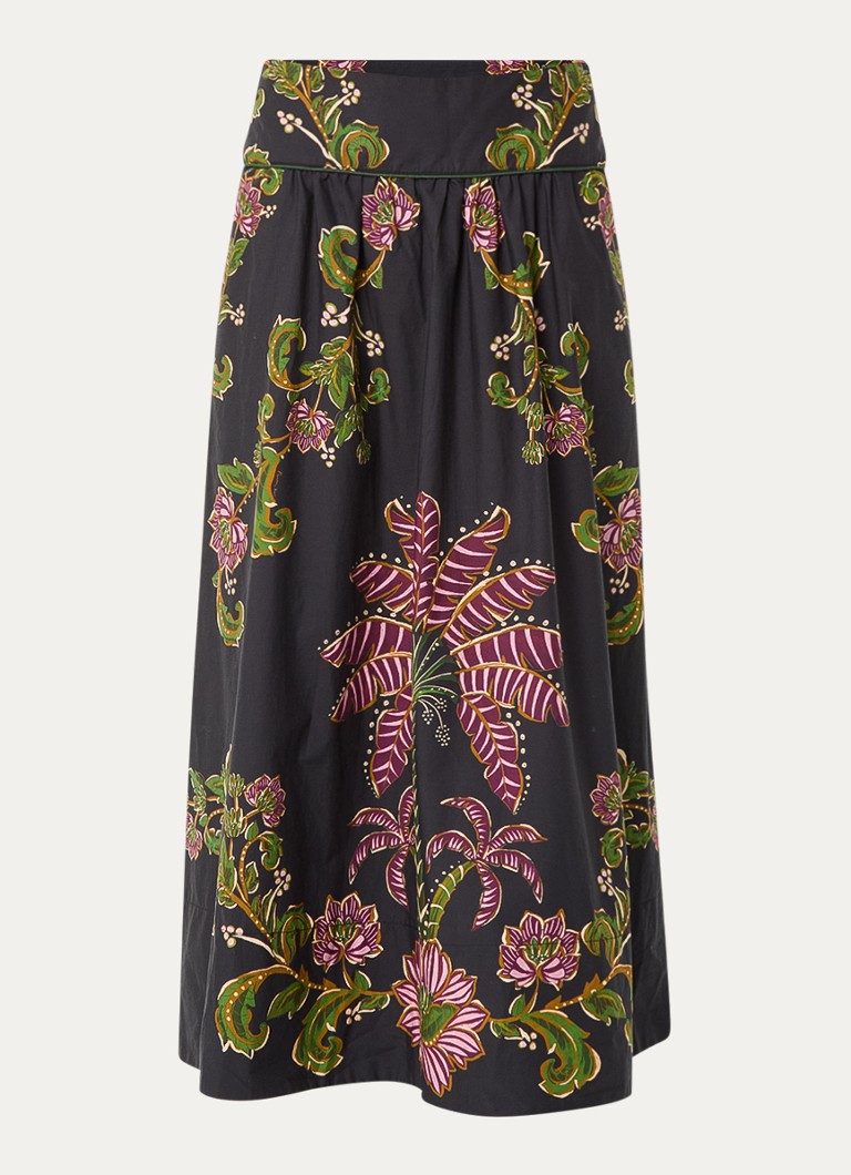 Farm Rio Dames Ravenala midi rok met bloemenprint en steekzakken in de kleur Antraciet