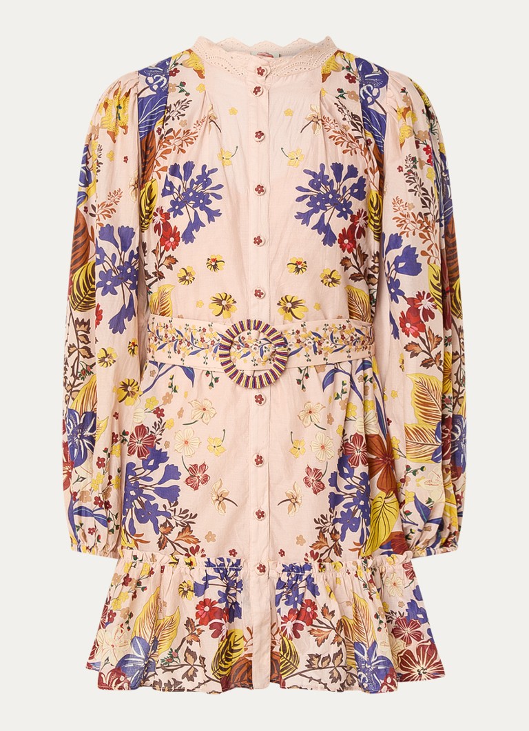 Farm Rio Dames Beauty Bouquet mini blousejurk met bloemenprint en ceintuur in de kleur Oudroze