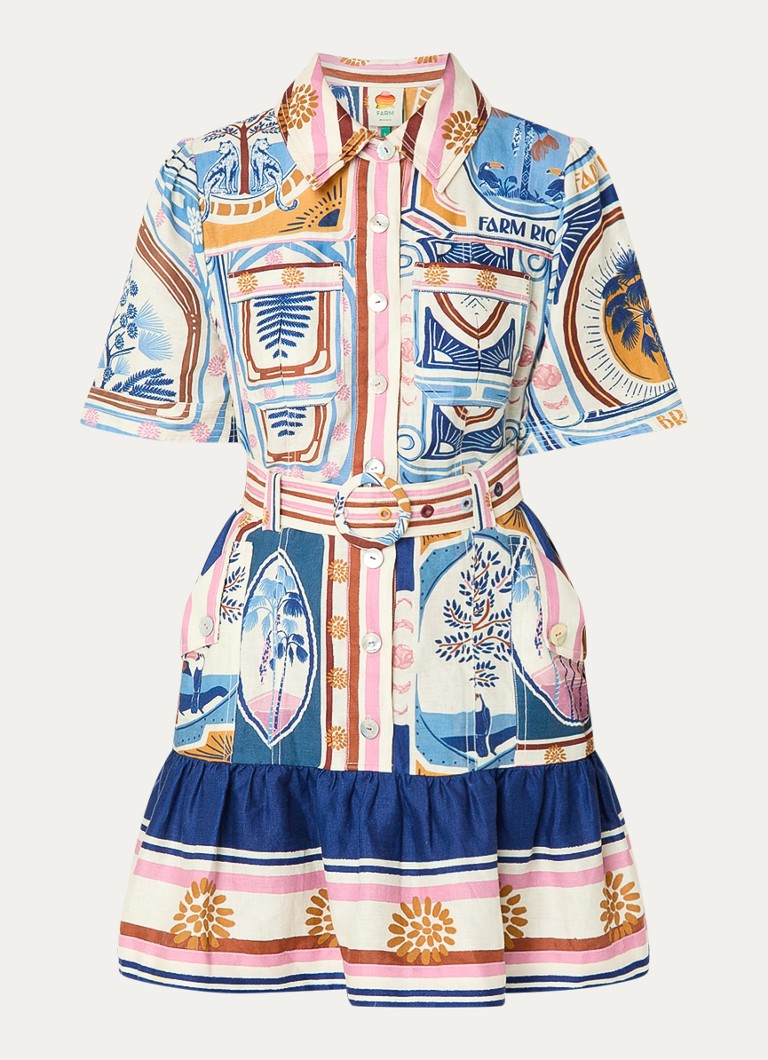 Farm Rio Dames Cerrado mini blousejurk van linnen met ceintuur en borstzakken in de kleur Gebroken wit