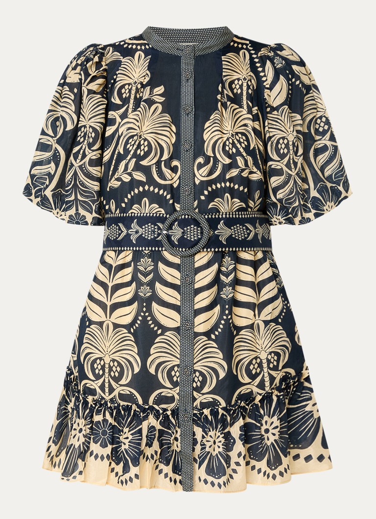 Farm Rio Dames Ainika mini blousejurk met ceintuur en print in de kleur Donkerblauw