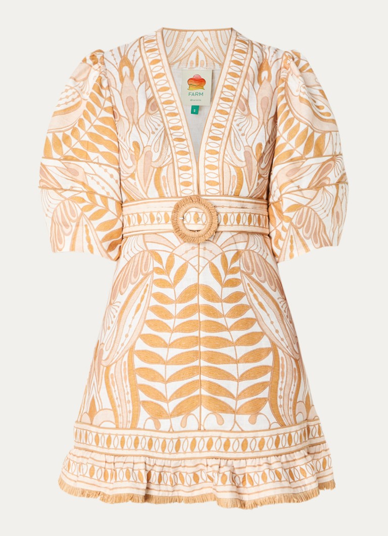 Farm Rio Dames Lace Nature mini tuniekjurk van linnen met ceintuur en print in de kleur Beige