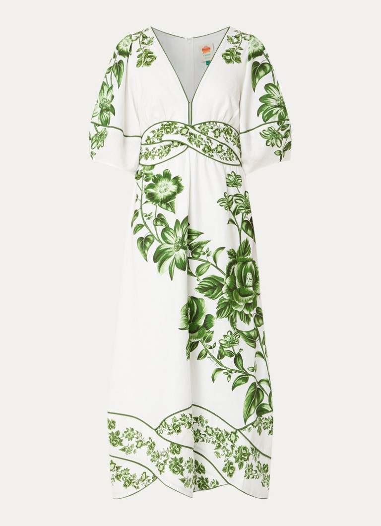 Farm Rio Dames Floral Cascade midi jurk in linnenblend met bloemenprint in de kleur Gebroken wit