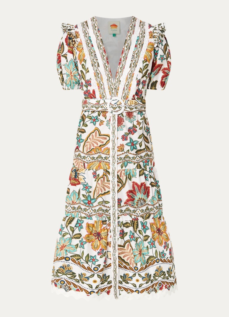 Farm Rio Dames Botanicals midi jurk met bloemenprint en ceintuur in de kleur Gebroken wit