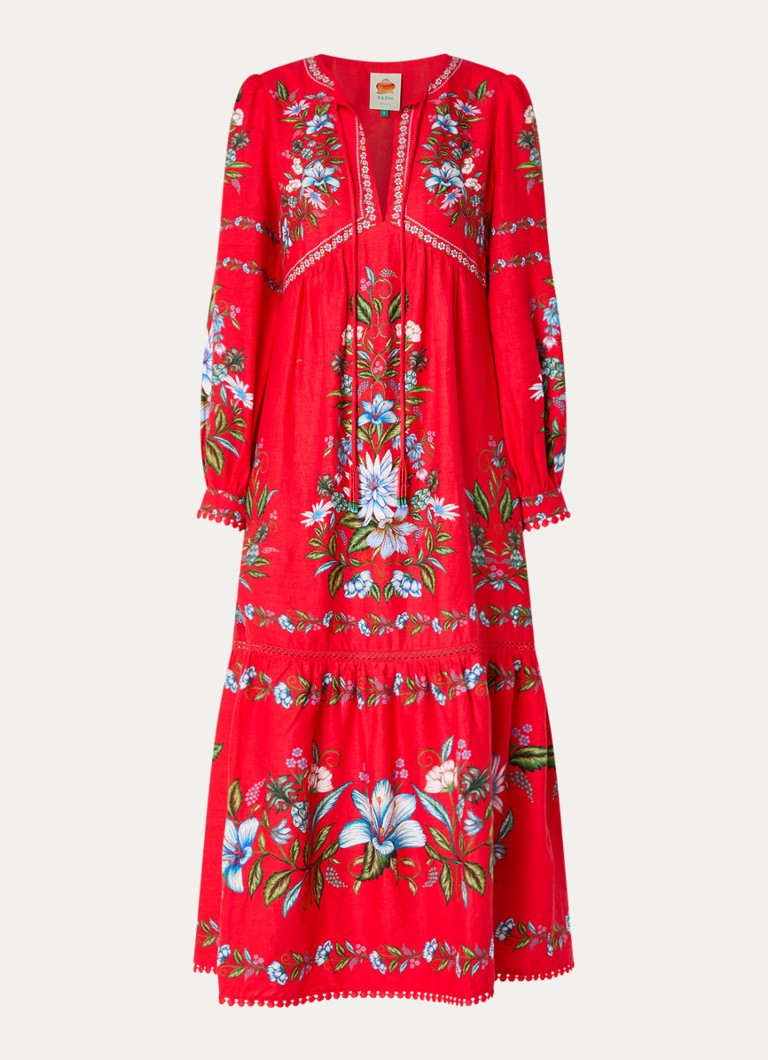 Farm Rio Dames Sweet Bloom maxi tuniekjurk in linnenblend met bloemenprint in de kleur Rood