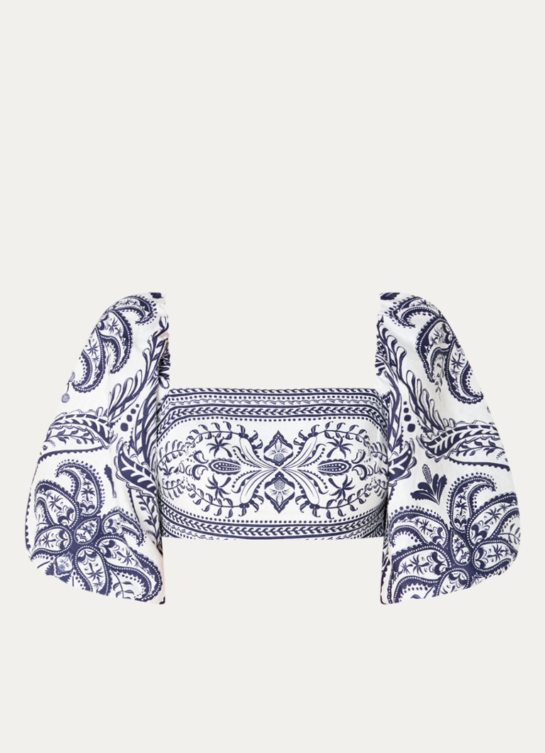 Farm Rio Dames Crop top van linnen met pofmouw en paisley dessin in de kleur Donkerblauw