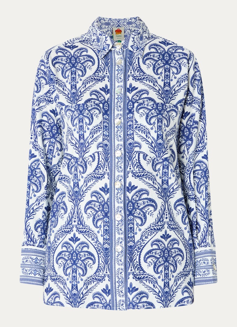 Farm Rio Dames Blue Tropical blouse in linnenblend met paisley dessin in de kleur Kobaltblauw