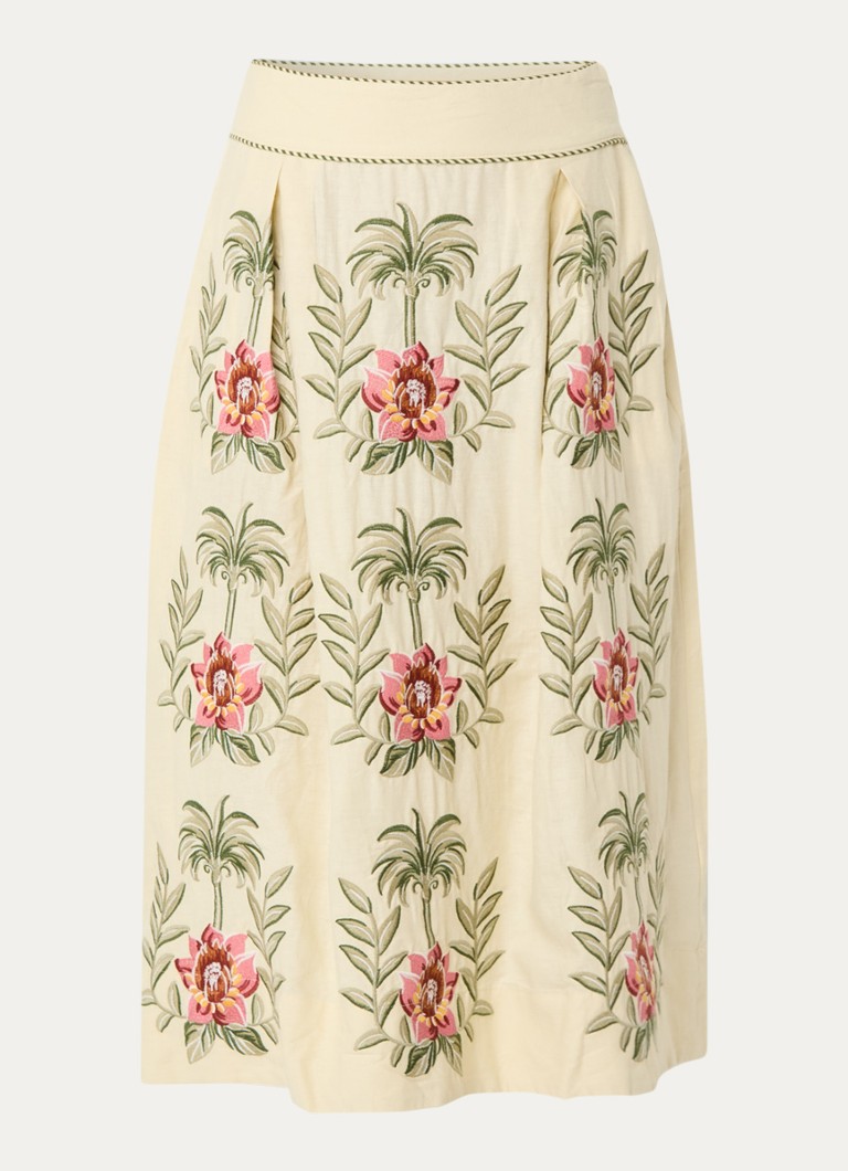 Farm Rio Dames Midi rok in linnenblend met bloemborduring in de kleur Beige