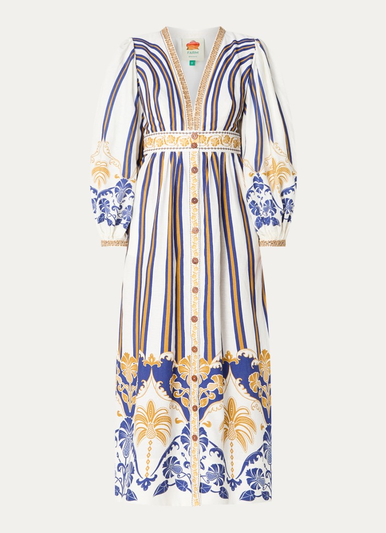 Farm Rio Dames Pineapple Deco maxi tuniekjurk in linnenblend met kralendecoratie in de kleur Gebroken wit