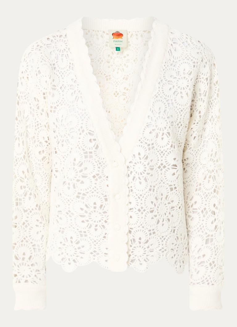 Farm Rio Dames Flower grofgebreid vest met opengewerkt dessin in de kleur Gebroken wit