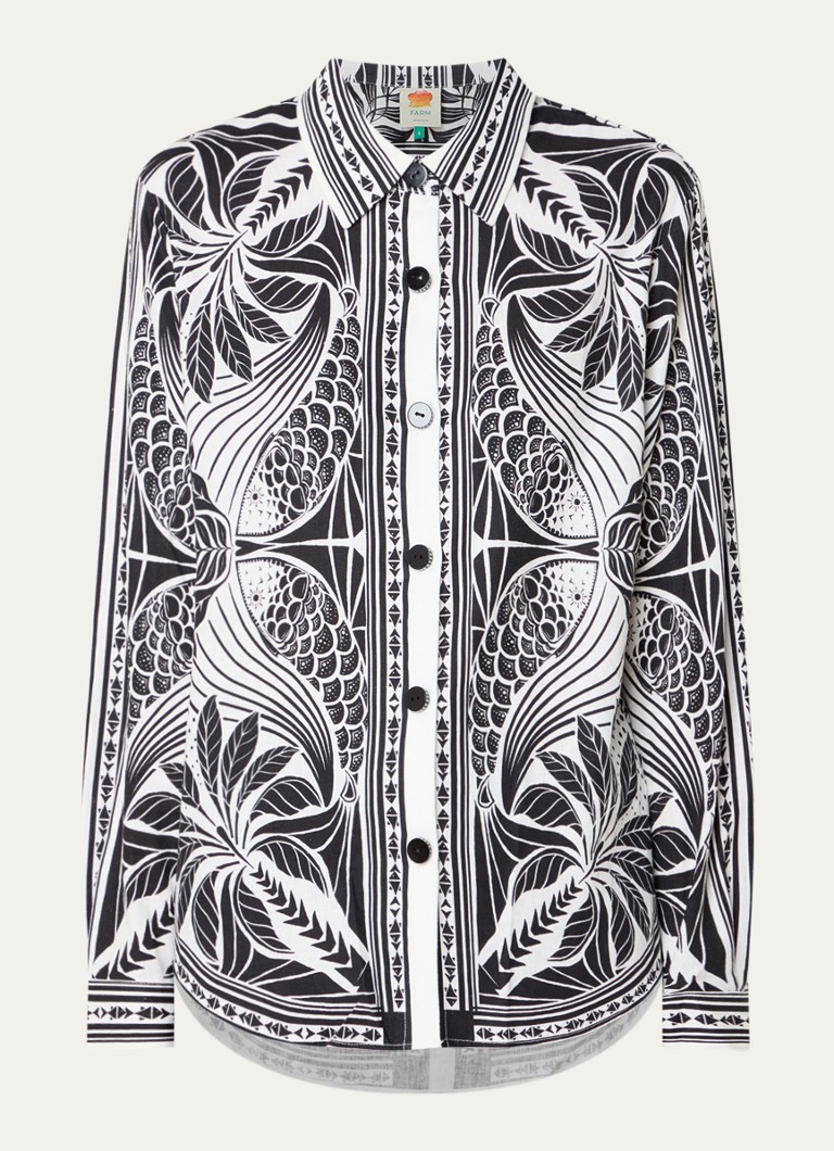 Farm Rio Dames Monochrome blouse in linnenblend met bladprint in de kleur Wit