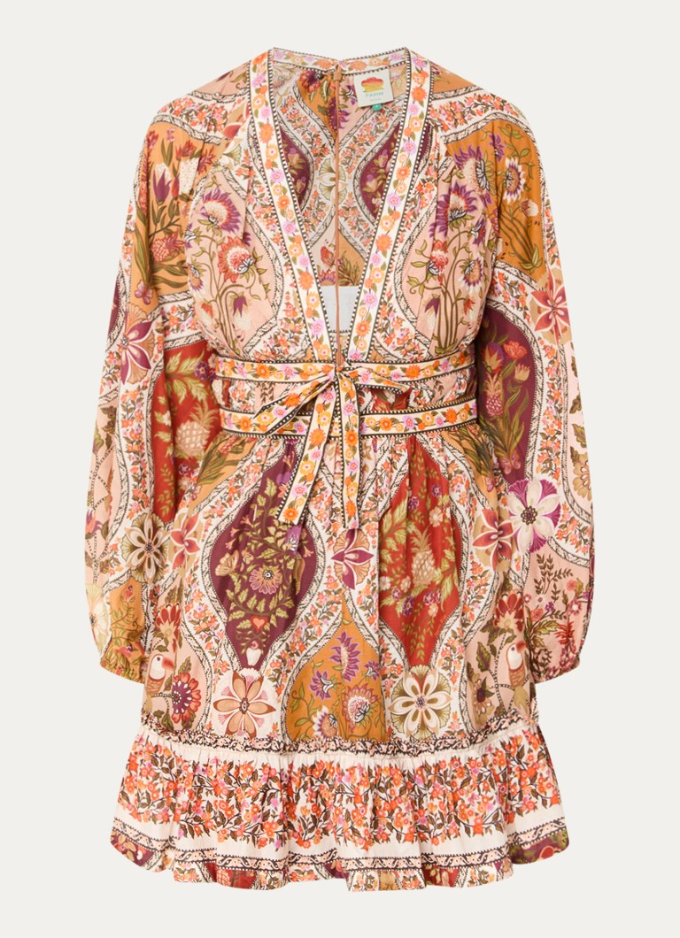 Farm Rio Dames Mini jurk met bloemenprint en strikceintuur in de kleur Donkerbeige